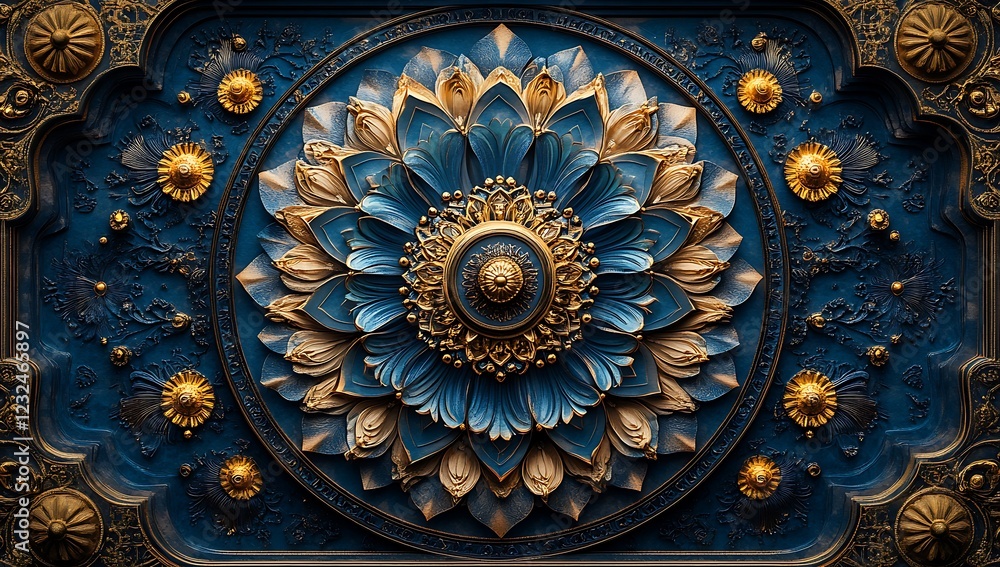 Obraz premium Intricate Blue and Gold Floral Mandala Design on a Dark Background