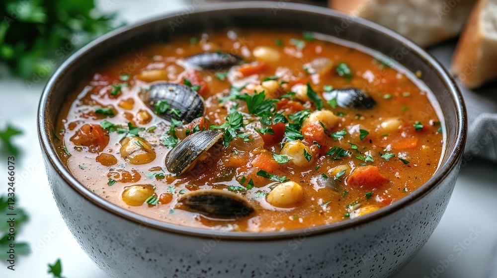 A vibrant bowl of seafood stew with clams and vegetables, garnished with parsley, on a table A vibrant bowl of seafood stew with clams and vegetables, garnished with parsley, on a table