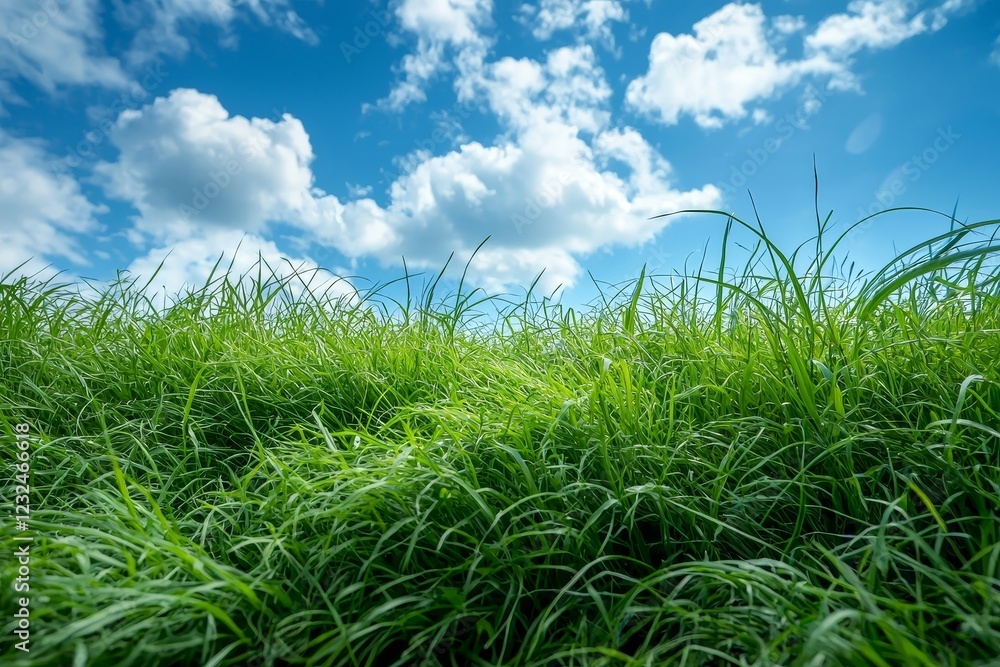 A green grass field stretching under a blue sky dotted with white clouds, serving as a serene nature landscape A green grass field stretching under a blue sky dotted with white clouds, serving as a serene nature landscape