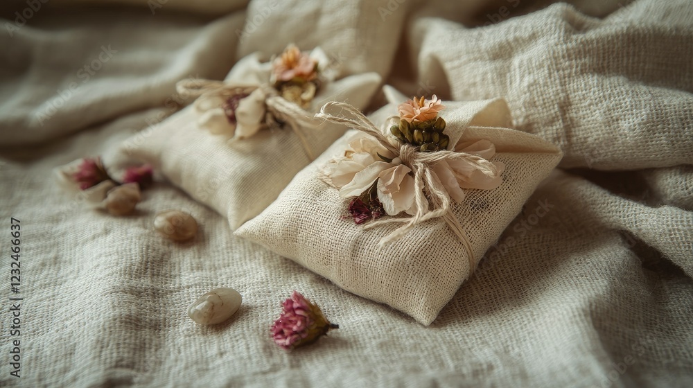 Elegant Fabric Pouches with Dried Flowers on Soft Linen Background Elegant Fabric Pouches with Dried Flowers on Soft Linen Background