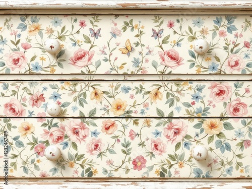 Vintage Floral Drawer Dresser with Butterfly and Rose Pattern