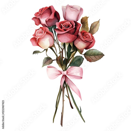 Fototapeta Naklejka Na Ścianę i Meble -  watercolor valentine clip art of a stack of rose bouqet