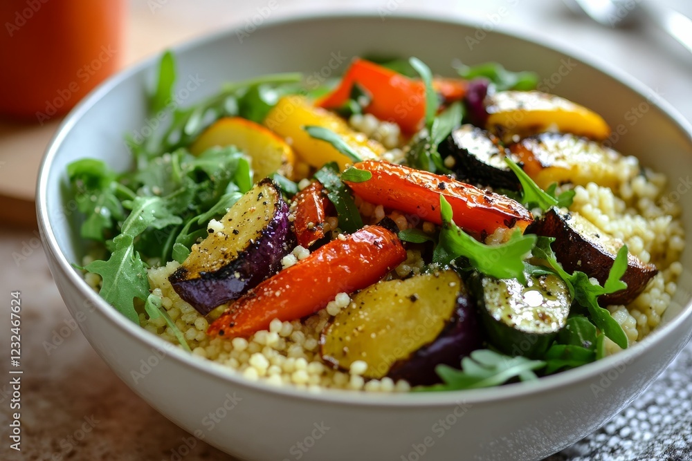 Bowl of couscous with roasted vegetables and greens. Bowl of couscous with roasted vegetables and greens.