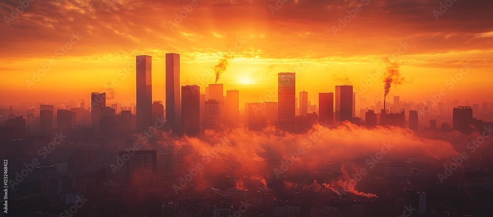 Fototapeta premium Cityscape sunrise, smog, pollution, urban, skyline, sunrise, dramatic, atmospheric