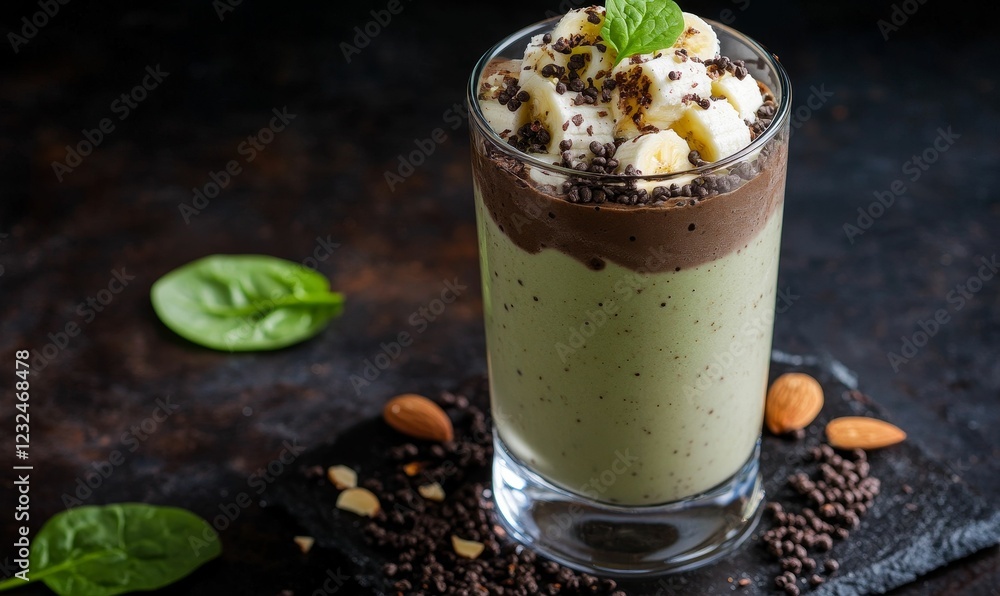 Layered drink with bananas, chocolate chips, and spinach. Layered drink with bananas, chocolate chips, and spinach.