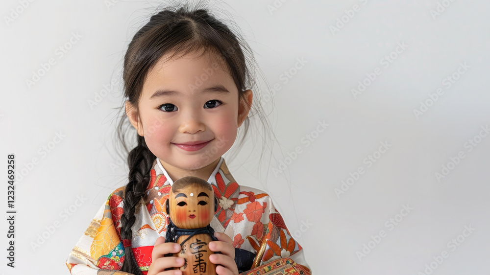Asian Japanese girl in traditional kimono holds kokeshi doll and smiles warmly. Japanese heritage and the cultural significance of the Hinamatsuri festival.