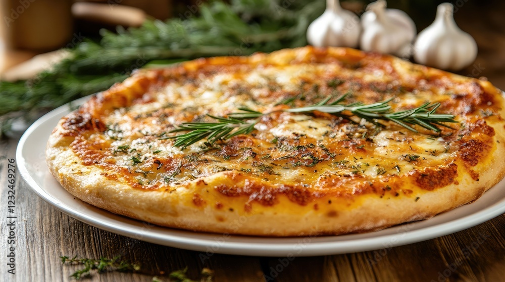Freshly Baked Margherita Pizza with Herbs and Garlic in Focus Freshly Baked Margherita Pizza with Herbs and Garlic in Focus