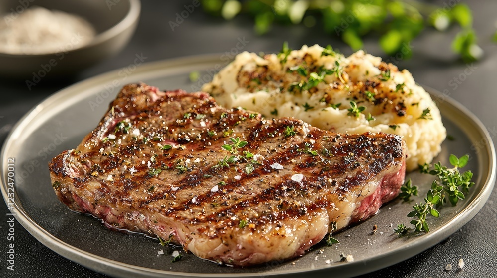 Grilled steak served with creamy mashed potatoes and herbs on a rustic table setting Grilled steak served with creamy mashed potatoes and herbs on a rustic table setting