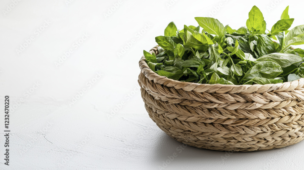 woven basket filled with fresh green herbs, showcasing natural textures and colors. Perfect for culinary use or decoration woven basket filled with fresh green herbs, showcasing natural textures and colors. Perfect for culinary use or decoration