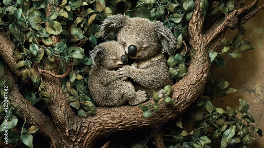Fototapeta premium Koala Mother and Baby Sleeping in Tree
