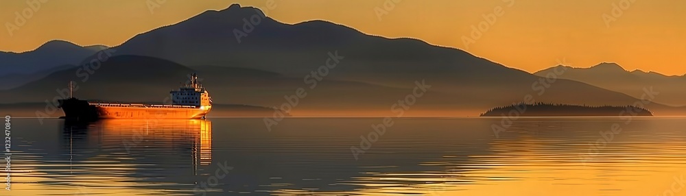 Obraz premium A serene sunset over calm waters, with a silhouette of a boat and mountains in the background.