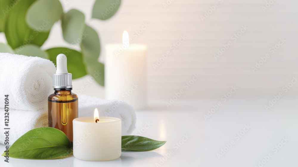 serene spa setting featuring essential oil, candles, and towels, promoting relaxation and wellness serene spa setting featuring essential oil, candles, and towels, promoting relaxation and wellness