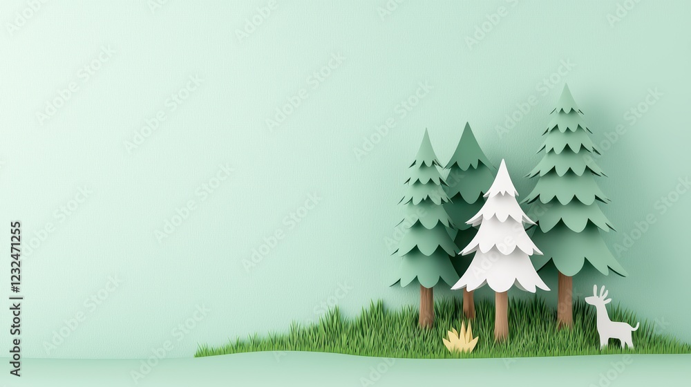 Naklejka premium Paper Craft Trees and Deer in Minimalist Forest Scene