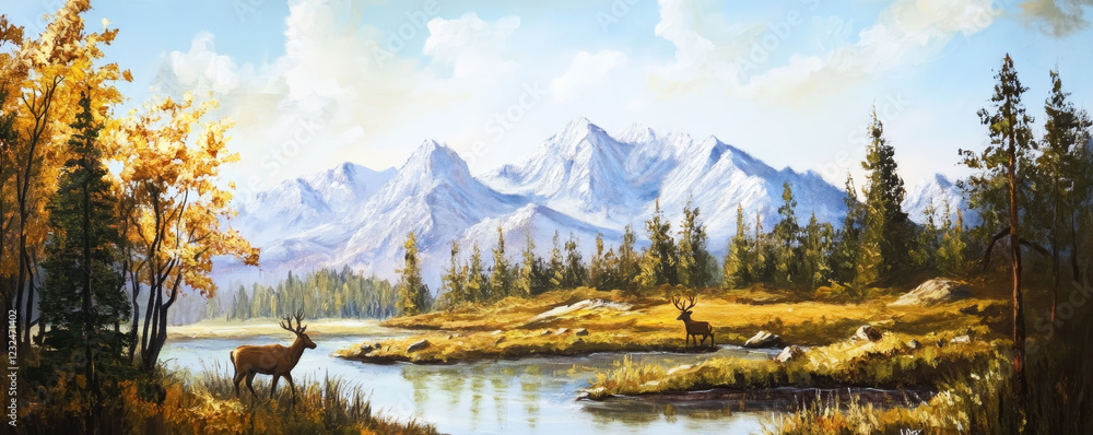 Naklejka premium Nature landscape painting,mountains,trees,river,deer. vintage style oil on canvas
