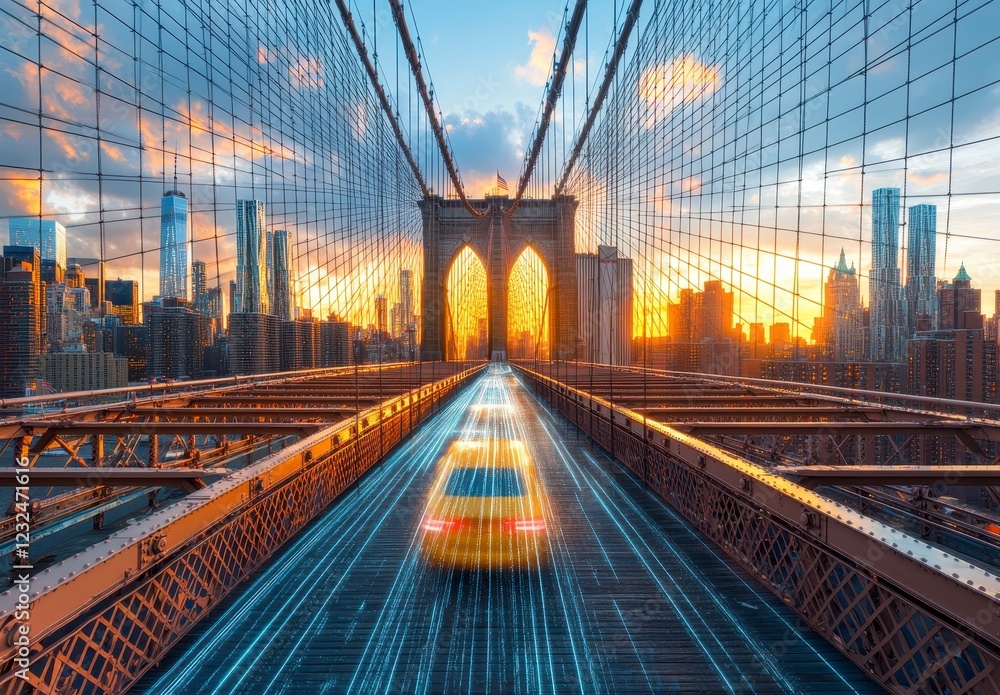 Obraz premium Yellow car drives across a bridge at sunset, digital data trails, city skyline, warm light, futuristic transportation, urban landscape