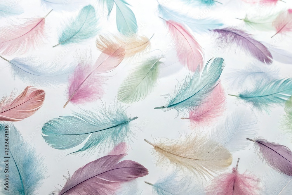 Feathers float gently in a sea of pastel colours creating a sense of weightlessness and freedom, feather pattern, soothing hues, pastel feathers background, lightness, floating feathers Feathers float gently in a sea of pastel colours creating a sense of weightlessness and freedom, feather pattern, soothing hues, pastel feathers background, lightness, floating feathers