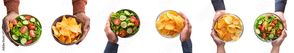 Colorful bowls of fresh salad and crunchy chips for a healthy and delicious meal. Colorful bowls of fresh salad and crunchy chips for a healthy and delicious meal.