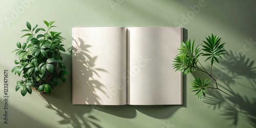 Open Magazine Mockup with lush green plant shadows on a neutral gradient background, editorial style, graphic design element photo