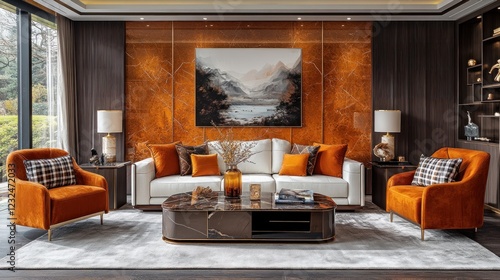 Modern living room, orange sofa, mountain art, luxury interior, home design photo