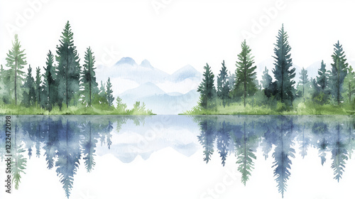 Fototapeta Naklejka Na Ścianę i Meble -  tranquil watercolor illustration of serene lake surrounded by lush trees and distant mountains, reflecting nature beauty