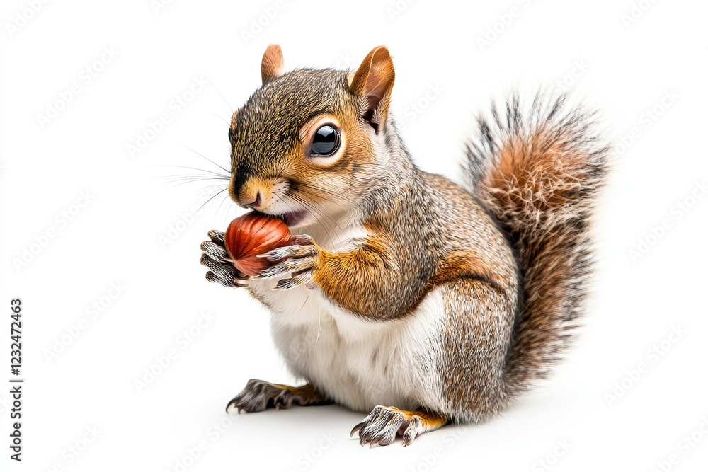 Obraz premium Squirrel eating a nut, isolated on a white background, detailed clipart in PNG style, natural wildlife concept.