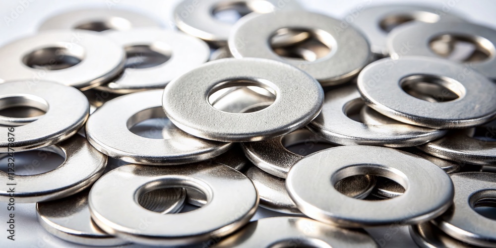 Close-up of Silver Metal Washers on White Background - Industrial Hardware Texture Close-up of Silver Metal Washers on White Background - Industrial Hardware Texture