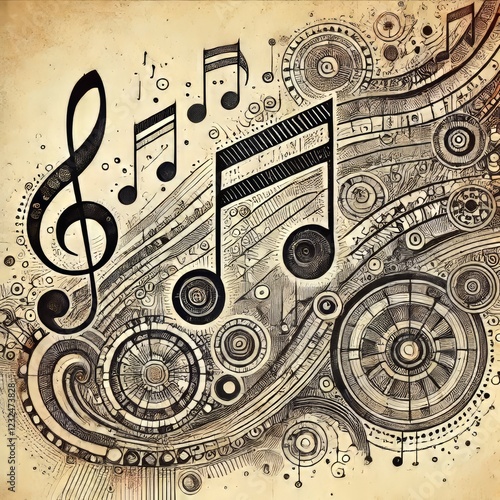 Music Notes Intricate hand drawn music notes with geometric patt photo