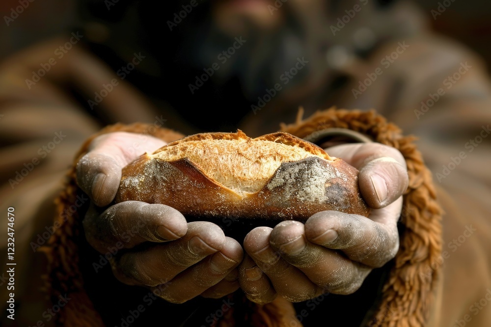 A person with weathered hands holds a rustic loaf of bread, symbolizing warmth, nourishment, and the essence of survival. A person with weathered hands holds a rustic loaf of bread, symbolizing warmth, nourishment, and the essence of survival.