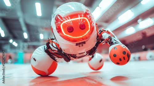 Dodgeball Duel, an AI-powered robot skillfully evading incoming throws, equipped with advanced sensors for precise movement tracking in an open arena. photo