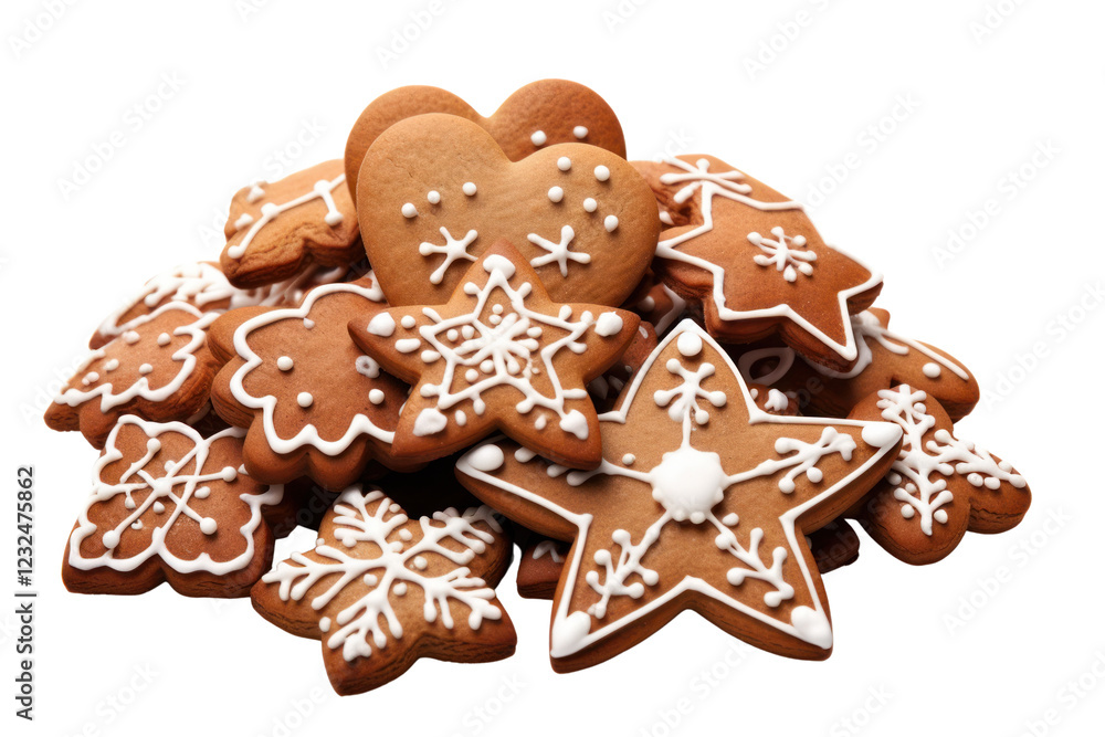 A pile of assorted gingerbread cookies, including stars, trees, and heart shapes, with festive icing decorations A pile of assorted gingerbread cookies, including stars, trees, and heart shapes, with festive icing decorations