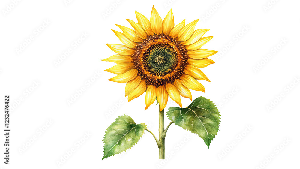 Fototapeta premium Bright sunflower with vibrant yellow petals and green leaves. Watercolor clipart, clip art, isolated on white/transparent background.