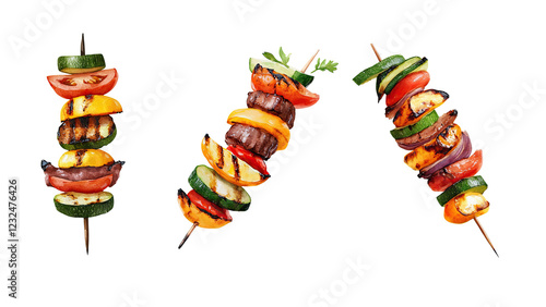 Grilled vegetable and meat skewers with vibrant colors and textures. Watercolor clipart, clip art, isolated on white/transparent background.