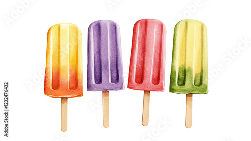 Colorful ice pops in various flavors and shades. Watercolor clipart, clip art, isolated on white/transparent background.