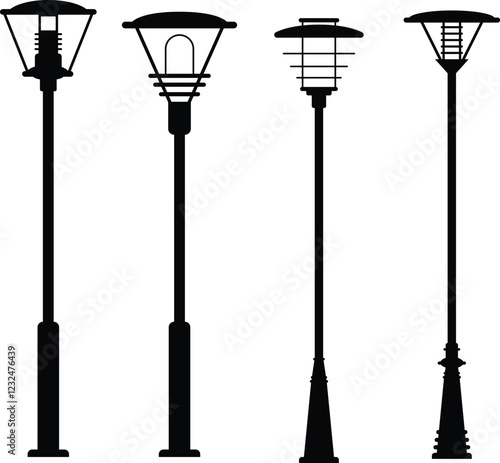 A collection of elegant garden lamp vector illustrations featuring various styles and designs.