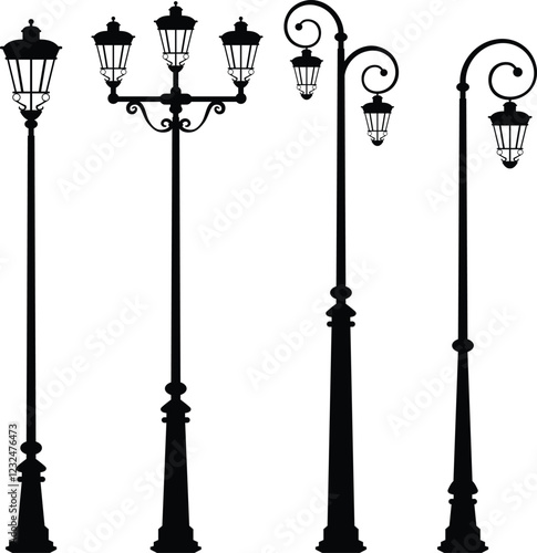 A collection of elegant garden lamp vector illustrations featuring various styles and designs.