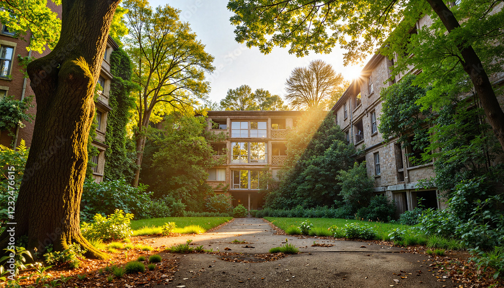 Obraz premium Urban forest thriving among city ruins, nature's resilience