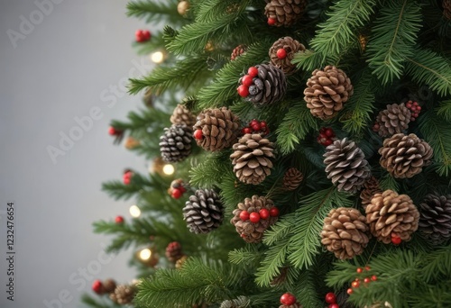 fir Christmas tree decorated with natural elements like pinecones and berries, cozy atmosphere, rustic charm photo