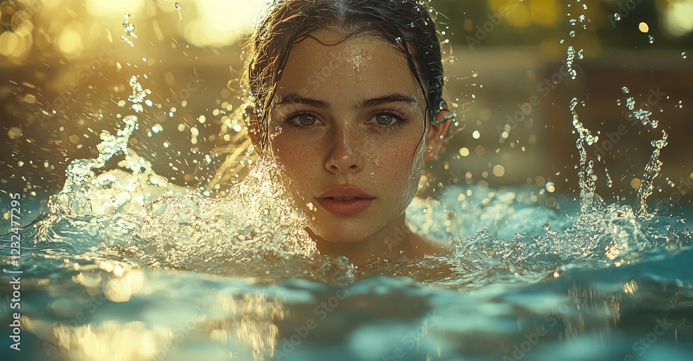 Obraz premium With arms raised and water splashing, a woman moves in slow-motion at 800 fps, illustrating the dynamic motion and pleasure in a tranquil lake scene