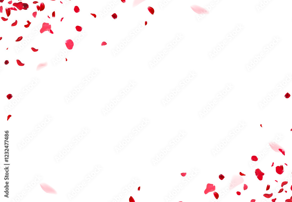Red rose petals falling in the air on white romantic vector card. Heart wedding celebration design. Love backdrop. Stylish fashion banner. Saint Valentines Day template. All elements are isolated Red rose petals falling in the air on white romantic vector card. Heart wedding celebration design. Love backdrop. Stylish fashion banner. Saint Valentines Day template. All elements are isolated