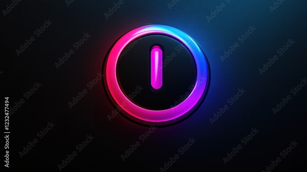 Neon power button glowing dark background Neon power button glowing dark background