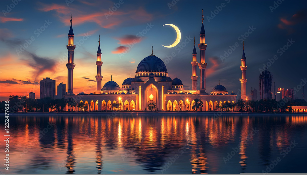 Fototapeta premium Illustration of Mosque at Sunset Reflection, Crescent Moon, Architecture, Night, Water, Cityscape, Palm Trees, Sky, Clouds, Religion