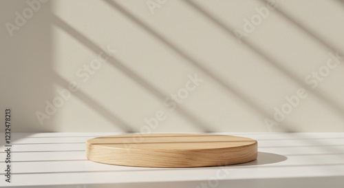 A round wooden platform on a white surface, with soft natural light casting diagonal shadows on a minimalist beige background. photo