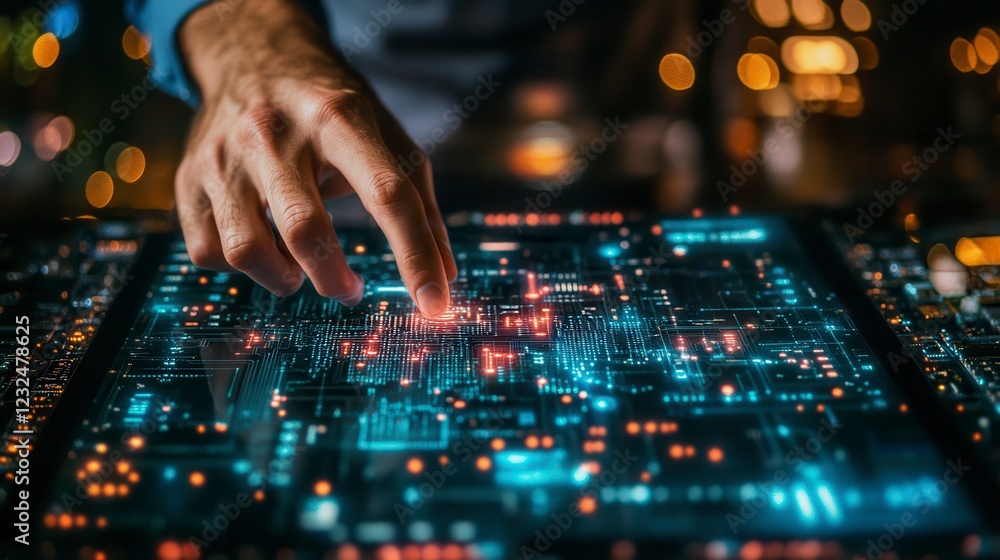 Obraz premium Close up of a hand interacting with a futuristic, glowing digital interface. The interface displays complex circuitry with vibrant blue, orange, and