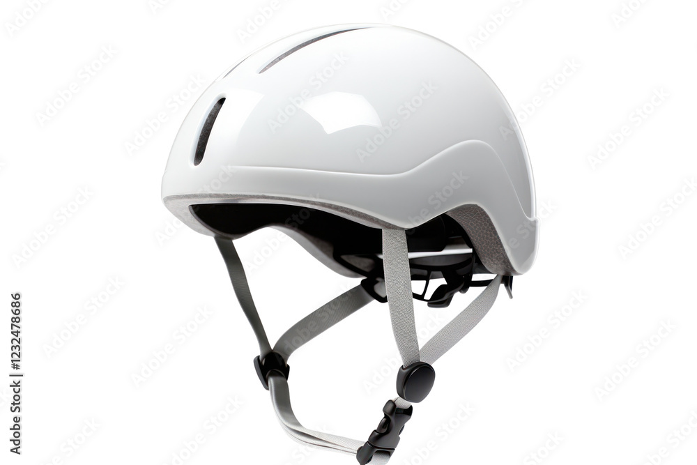 Naklejka premium A stylish urban bicycle helmet in a glossy white finish, featuring a minimalist design with a removable inner lining for easy cleaning and adjustable sizing for a snug fit