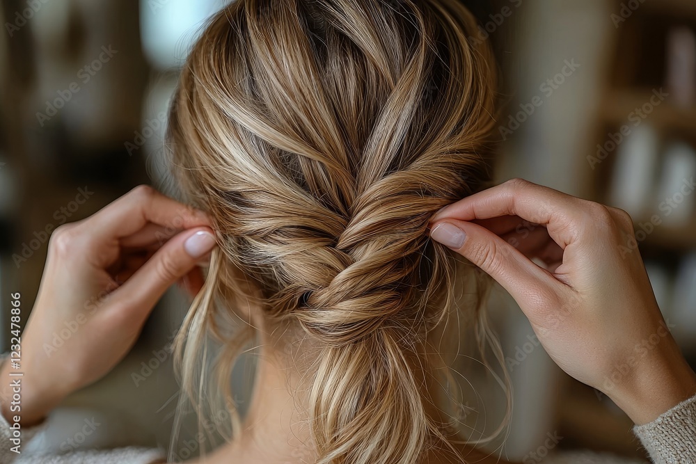 Fototapeta premium Learning and training in the trade of hairdressing, focusing on creating a formal upstyle by coiling twirling long hair sections for special occasions