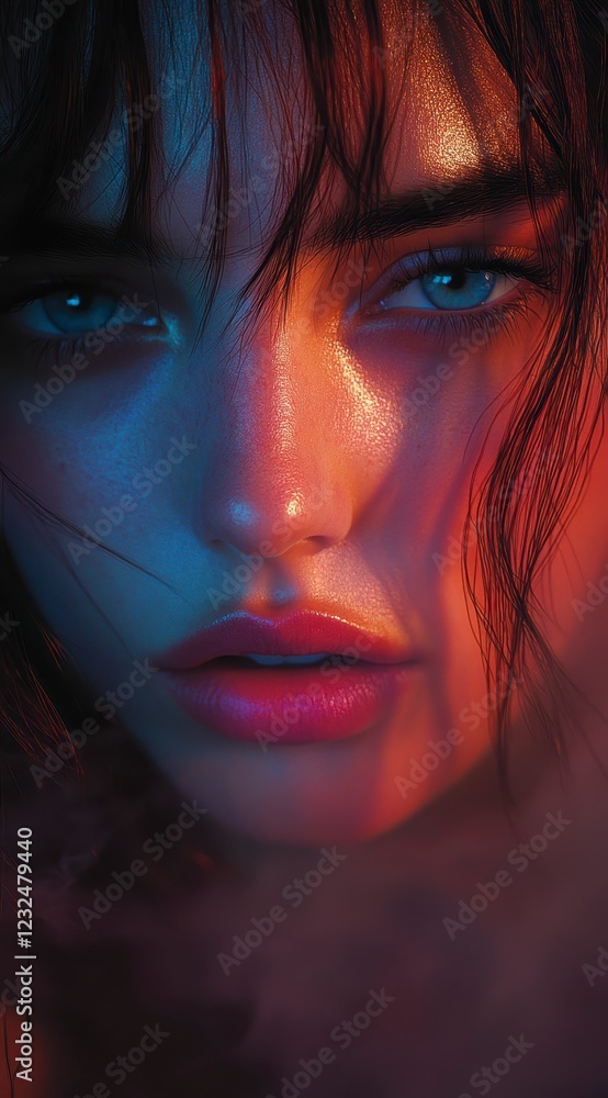 Close up portrait of a young woman with intense blue eyes, pink lips, and dark hair. Warm and cool lighting creates dramatic contrast on her face and Close up portrait of a young woman with intense blue eyes, pink lips, and dark hair. Warm and cool lighting creates dramatic contrast on her face and
