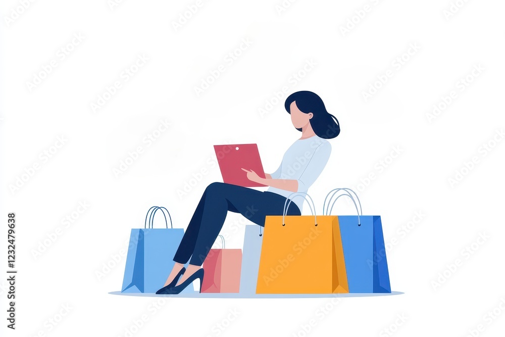Shoppers growth economic trend concepts. Woman sitting with shopping bags, reading a tablet in a modern, minimalist style. Shoppers growth economic trend concepts. Woman sitting with shopping bags, reading a tablet in a modern, minimalist style.