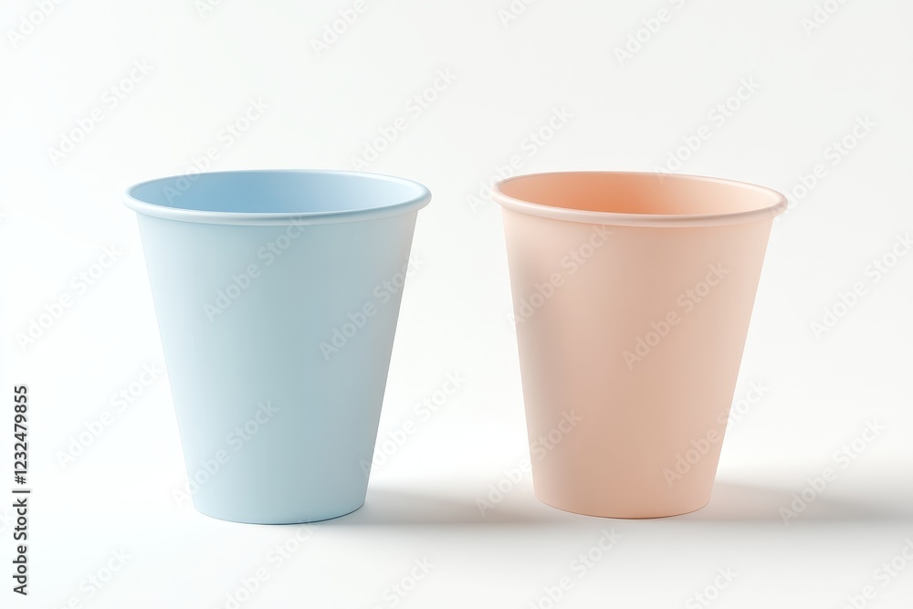 Two pastel-colored disposable cups on white background. Two pastel-colored disposable cups on white background.