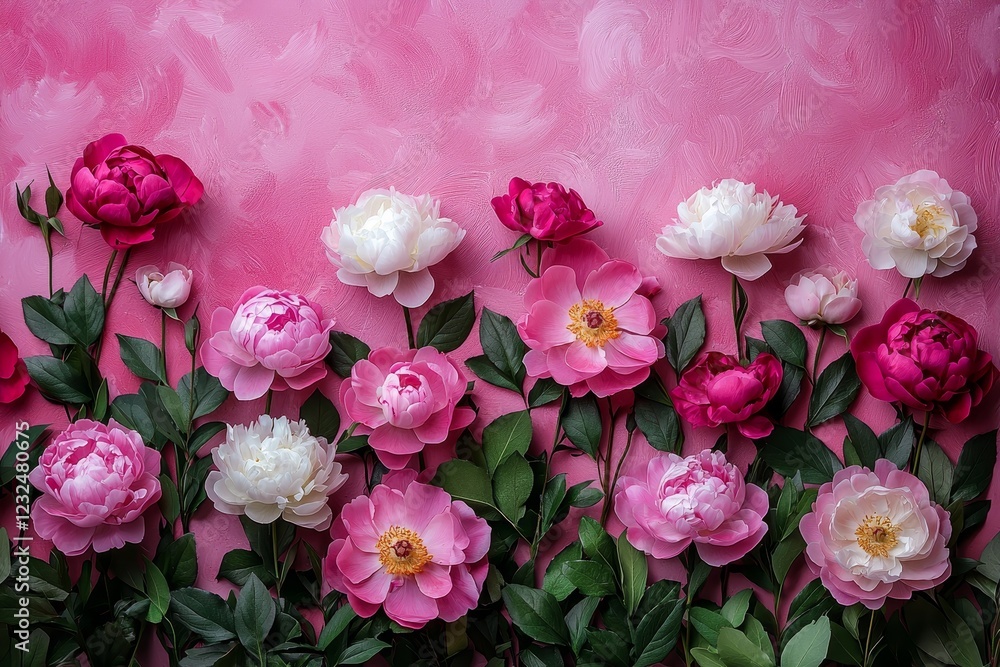 A special occasion cake decorated with a mix of peonies and roses in a floral setting A special occasion cake decorated with a mix of peonies and roses in a floral setting