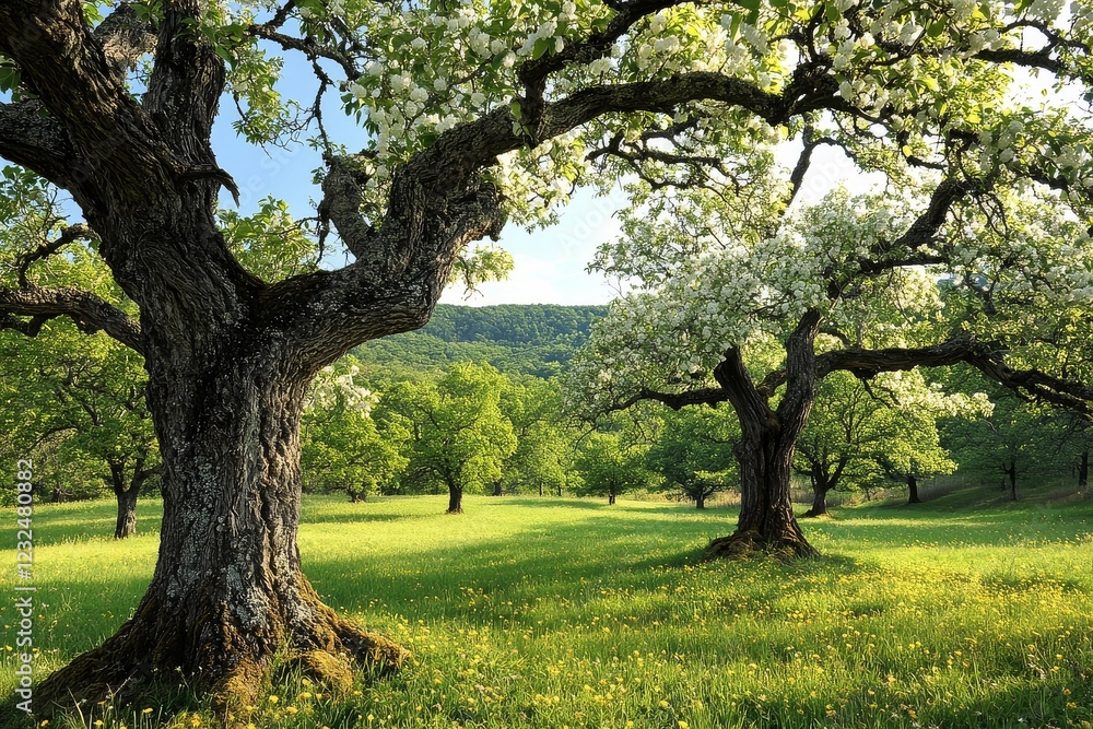 Blooming Apple Trees in Meadow Under Blue Sky, White Blossoms Highlight Spring's Arrival Blooming Apple Trees in Meadow Under Blue Sky, White Blossoms Highlight Spring's Arrival